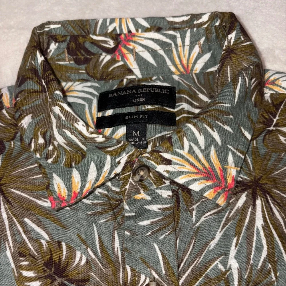 BANANA REPUBLIC Linen Shirt Mens M Green Tropical Camp Floral Slim Short‎ Sleeve